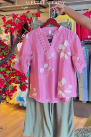 blush flora blouse & olive flow pants