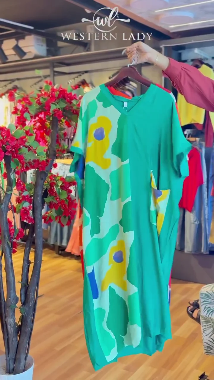 abstract floral dress in green mix