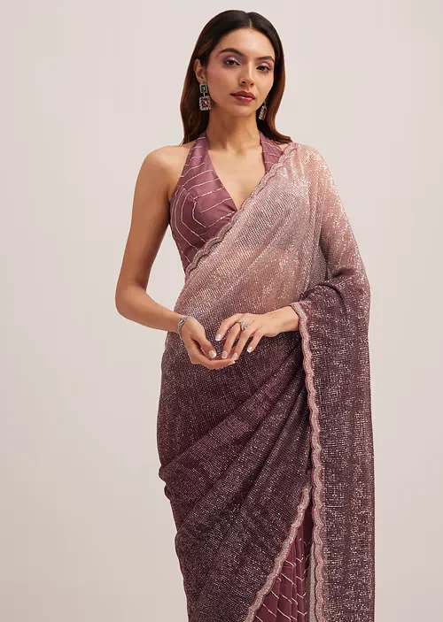 dark brown dual shaded sequins saree with scalloped border sg279471 14