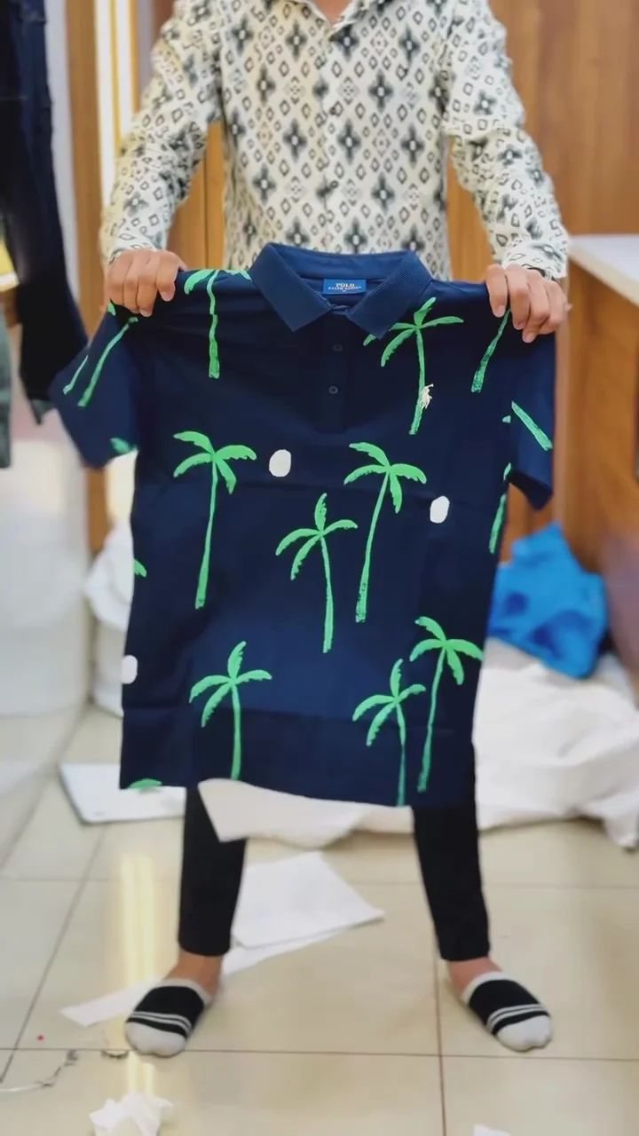 floral printed polo collar cotton t shirt